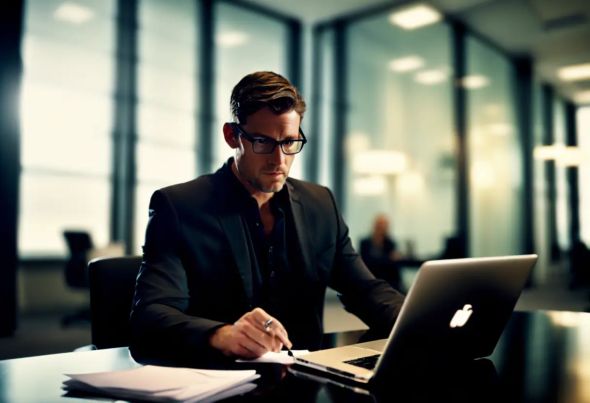 A recruiter reviewing resumes and conducting a video interview in a modern office.